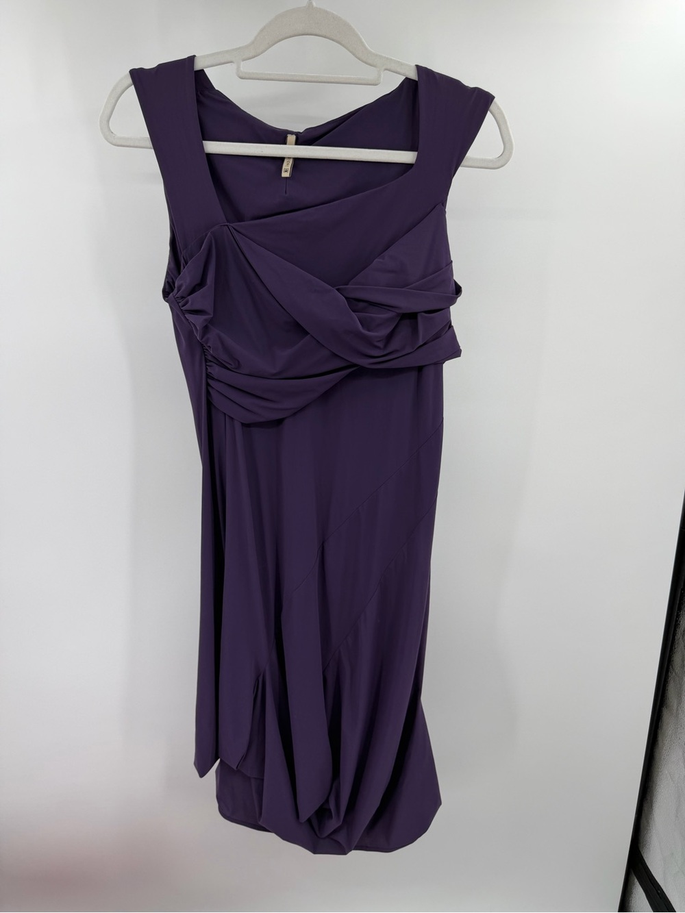 Indies Plum Purple Ruched Draped Bodice Asymmetrical Hem Midi Cocktail Dress S